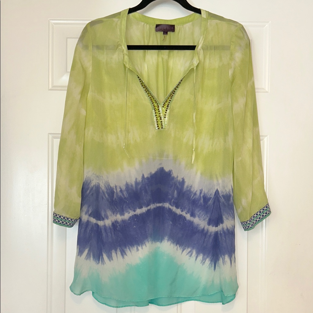 Hale Bob Silk Tie-Dye Tunic Top L Green Blue Sheer V-Neck Beaded Swim Coverup